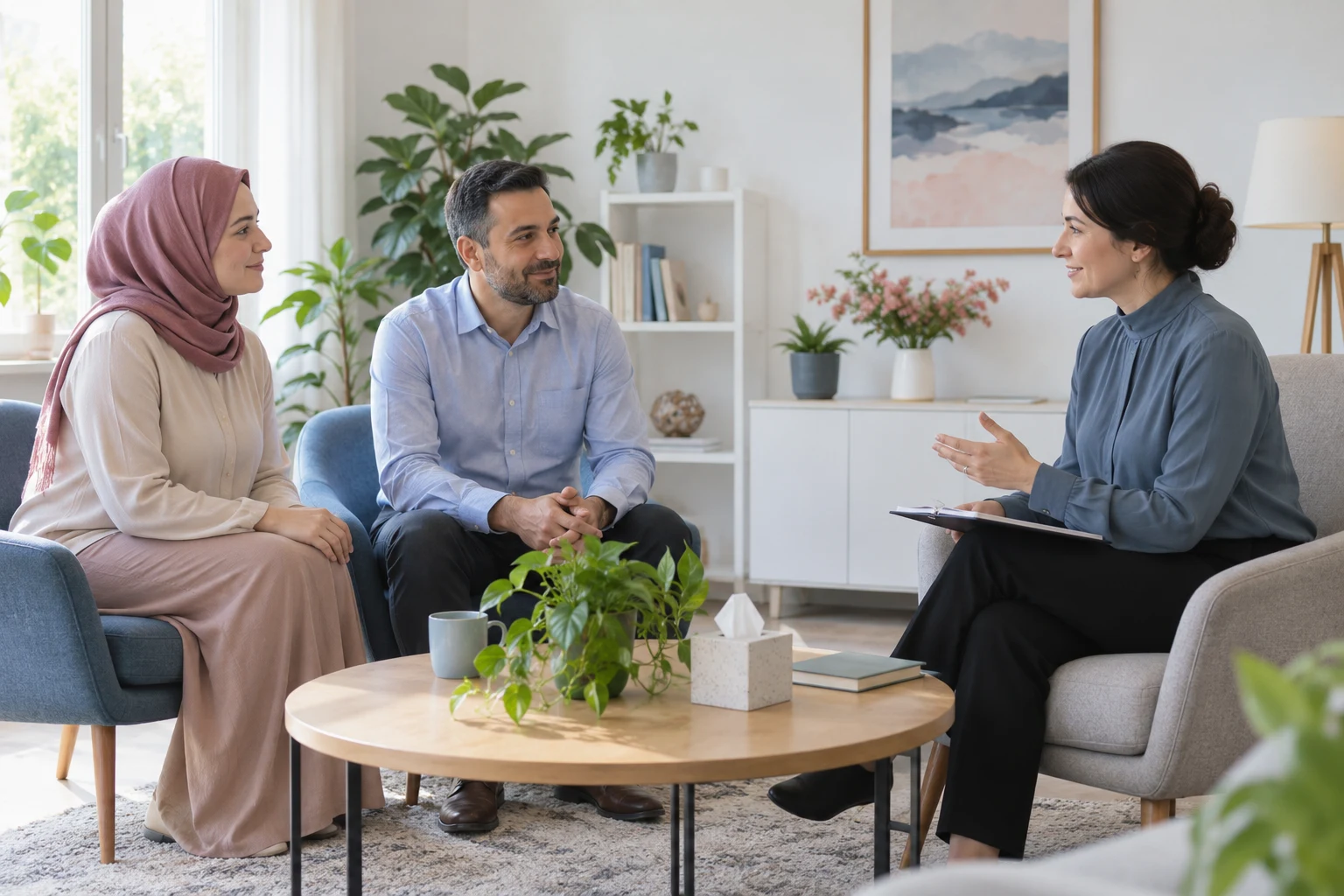 Aile ve İlişkilerde Bütüncül Destek için profesyonel görüşme Eşlerin kadın uzmanla rahat bir mesafede profesyonel görüşmesi